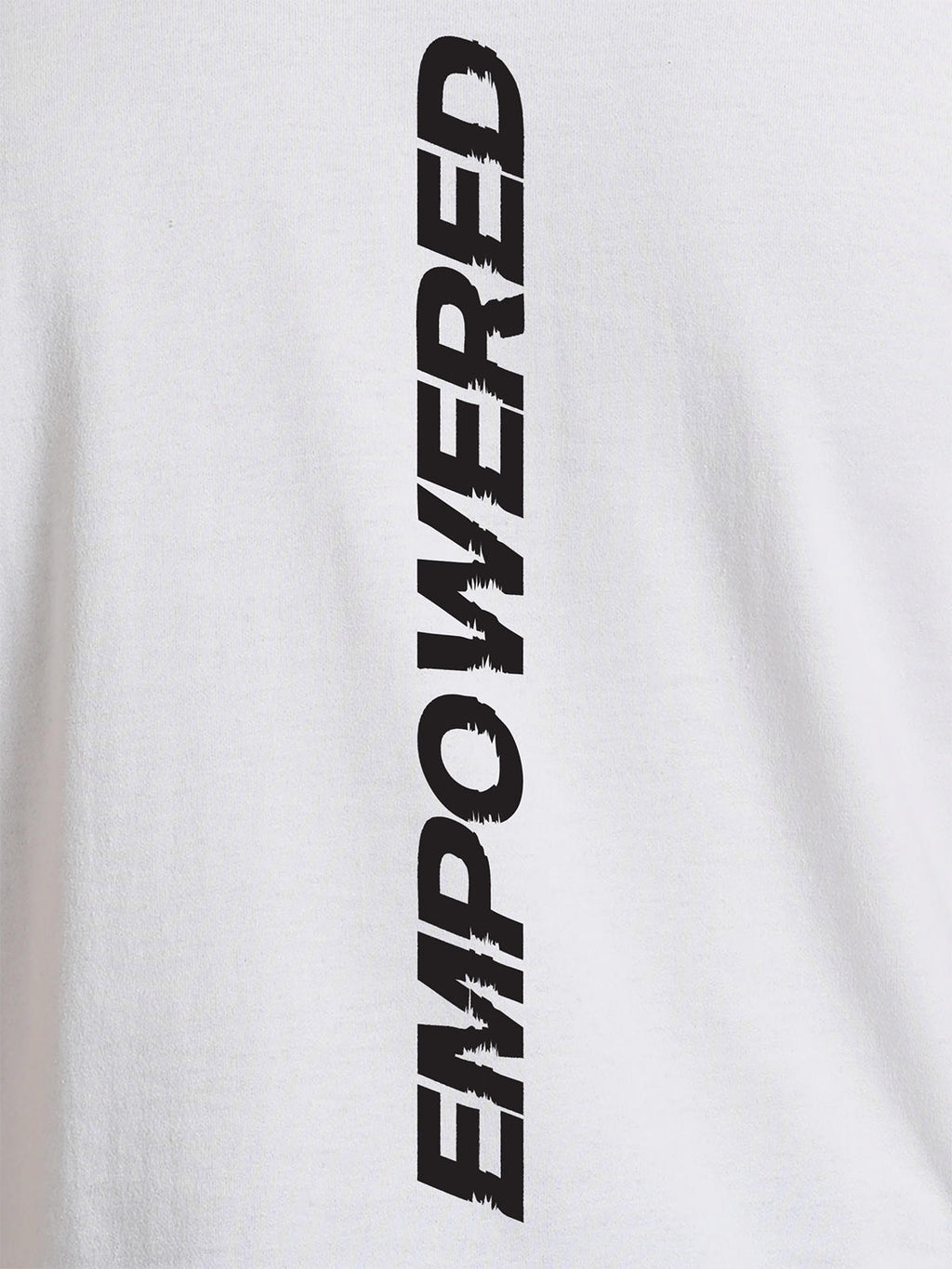 Close up of 'Empowered' design on Men's White Round Neck T-shirt, highlighting intricate details and vibrant print.