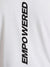 Close up of 'Empowered' design on Men's White Round Neck T-shirt, highlighting intricate details and vibrant print.
