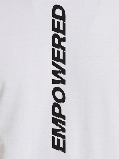 Close up of 'Empowered' design on Women's White Round Neck T-shirt, highlighting intricate details and vibrant print.