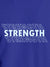Close up of 'Strength' design on Men's Blue Round Neck T-shirt, highlighting intricate details and vibrant print.
