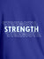 Close up of 'Strength' design on Women's Blue Round Neck T-shirt, highlighting intricate details and vibrant print.