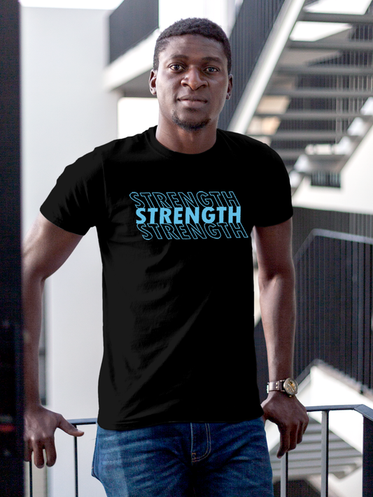 Fighterhero T-shirts: Model wearing Men's Black Round Neck T-shirt with 'Strength' design