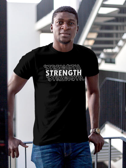 Model wearing Men's Black Round Neck T-shirt with 'Strength' design, offering effortless style and premium comfort