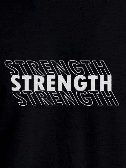 Close up of 'Strength' design on Men's Black Round Neck T-shirt, highlighting intricate details and vibrant print.