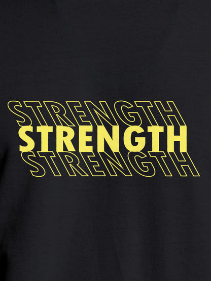 Close up of 'Strength' design on Men's Dark Grey Round Neck T-shirt, highlighting intricate details and vibrant print.
