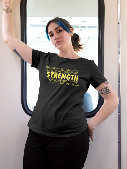 Fighterhero T-shirts: Model wearing Women's Charcoal Grey Round Neck T-shirt with 'Strength' design
