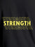 Close up of 'Strength' design on Women's Dark Grey Round Neck T-shirt, highlighting intricate details and vibrant print.