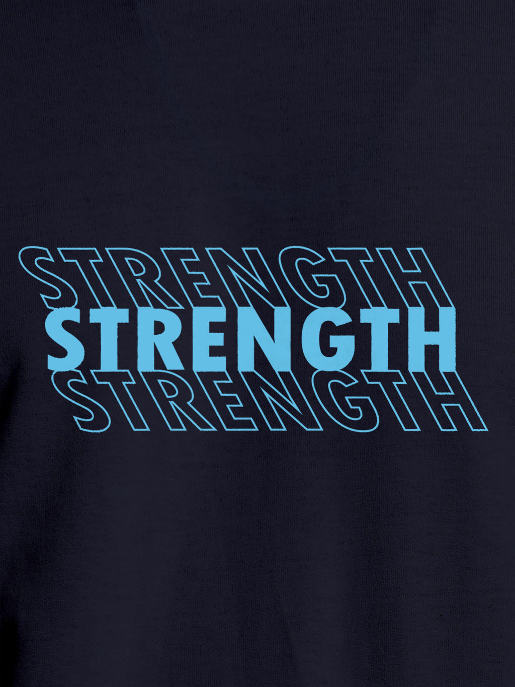 Close up of 'Strength' design on Men's Navy Blue Round Neck T-shirt, highlighting intricate details and vibrant print.