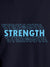Close up of 'Strength' design on Men's Navy Blue Round Neck T-shirt, highlighting intricate details and vibrant print.