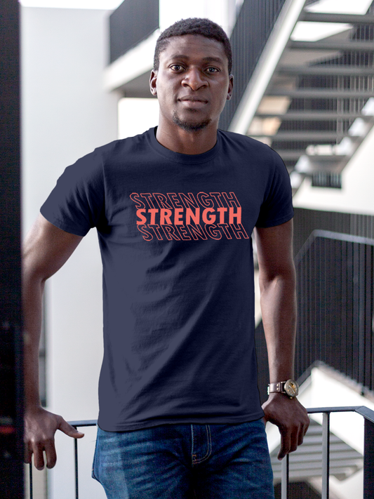 Fighterhero T-shirts: Model wearing Men's Navy Blue Round Neck T-shirt with 'Strength' design