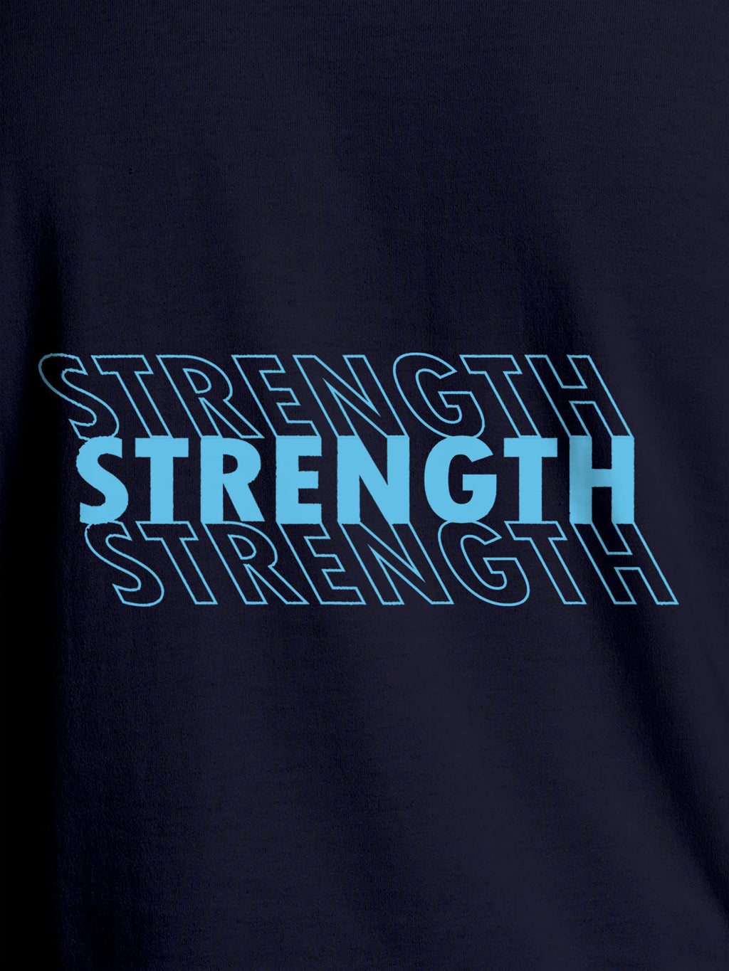 Close up of 'Strength' design on Women's Navy Blue Round Neck T-shirt, highlighting intricate details and vibrant print.
