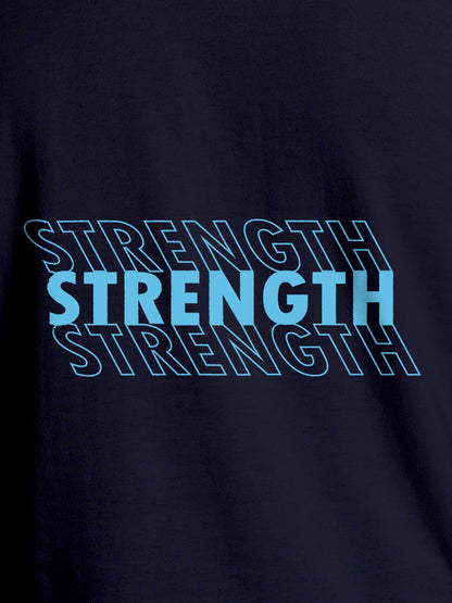 Close up of 'Strength' design on Women's Navy Blue Round Neck T-shirt, highlighting intricate details and vibrant print.