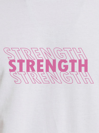 Close up of 'Strength' design on Men's White Round Neck T-shirt, highlighting intricate details and vibrant print.
