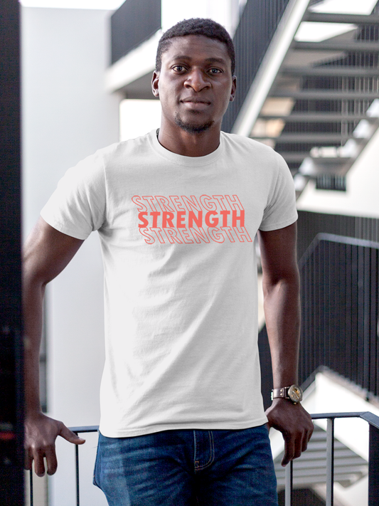 Fighterhero T-shirts: Model wearing Men's White Round Neck T-shirt with 'Strength' design
