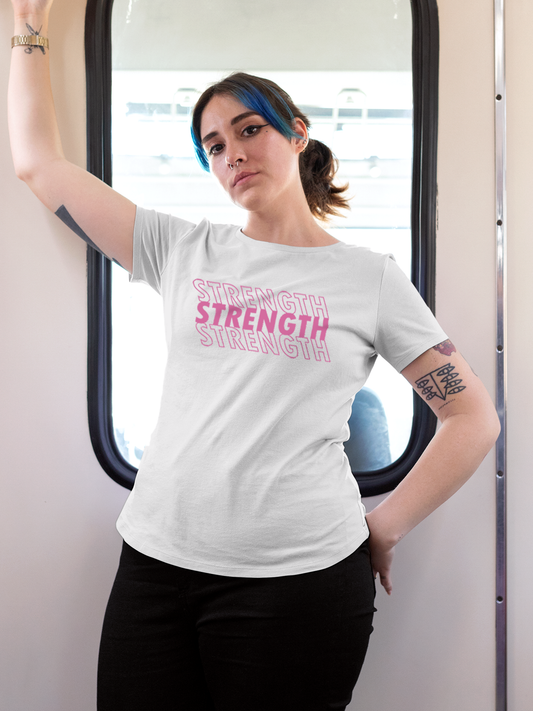 Fighterhero T-shirts: Model wearing Women's White Round Neck T-shirt with 'Strength' design