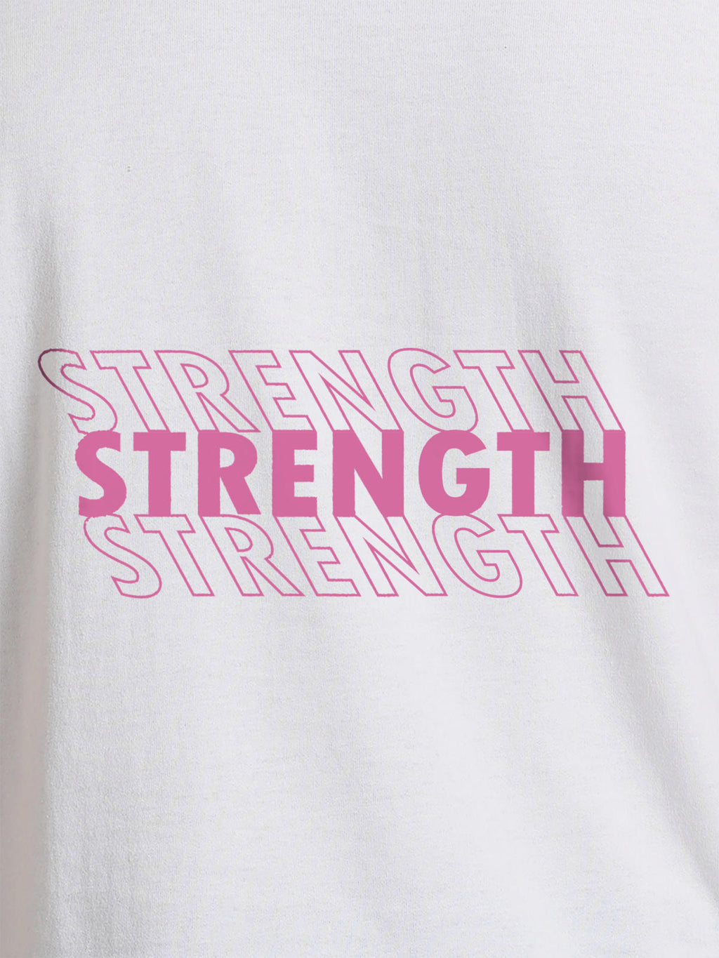 Close up of 'Strength' design on Women's White Round Neck T-shirt, highlighting intricate details and vibrant print.