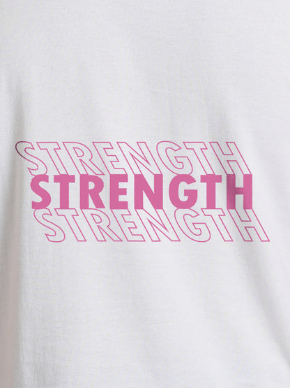 Close up of 'Strength' design on Women's White Round Neck T-shirt, highlighting intricate details and vibrant print.
