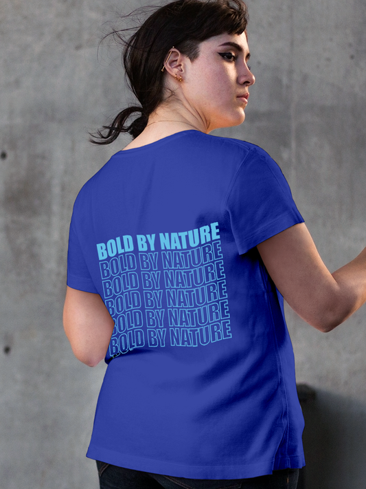 Fighterhero T-shirts: Model wearing Women's Blue Round Neck T-shirt with 'Bold By Nature' design
