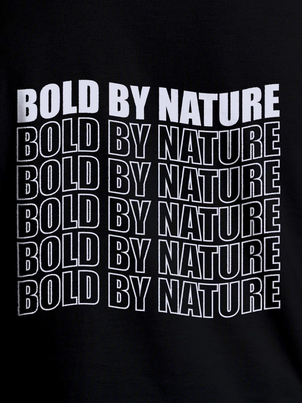 Close up of 'Bold By Nature' design on Men's Black Round Neck T-shirt, highlighting intricate details and vibrant print.