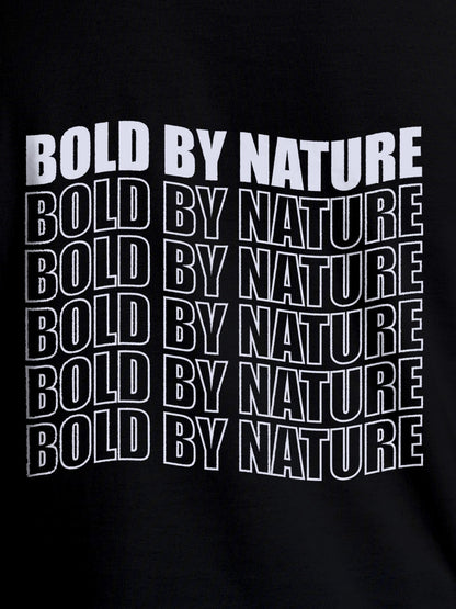 Close up of 'Bold By Nature' design on Men's Black Round Neck T-shirt, highlighting intricate details and vibrant print.