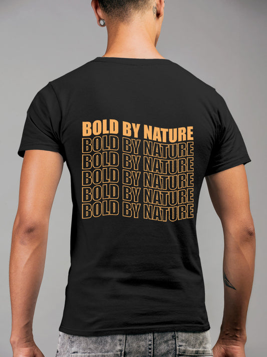 Model wearing Men's Dark Grey Round Neck T-shirt with 'Bold By Nature' design, offering effortless style and premium comfort