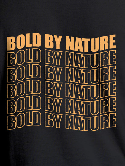 Close up of 'Bold By Nature' design on Men's Dark Grey Round Neck T-shirt, highlighting intricate details and vibrant print.