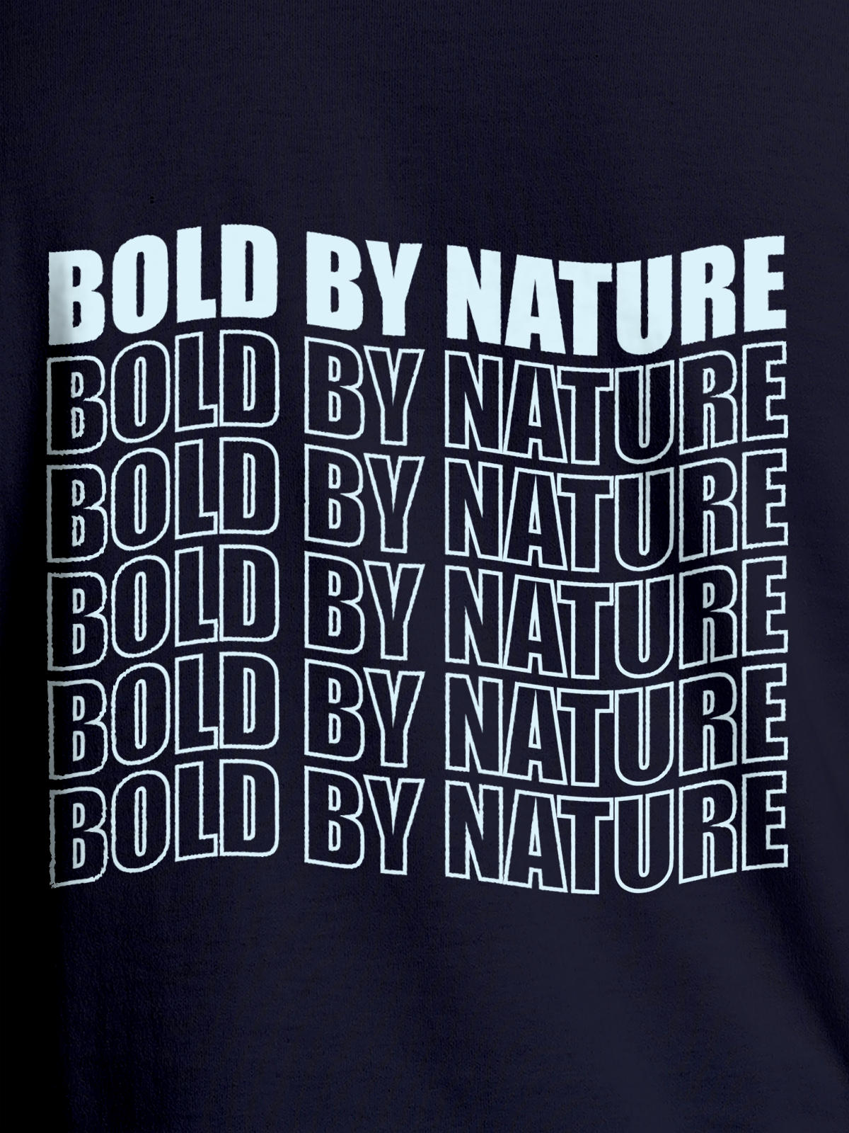 Close up of 'Bold By Nature' design on Men's Navy Blue Round Neck T-shirt, highlighting intricate details and vibrant print.