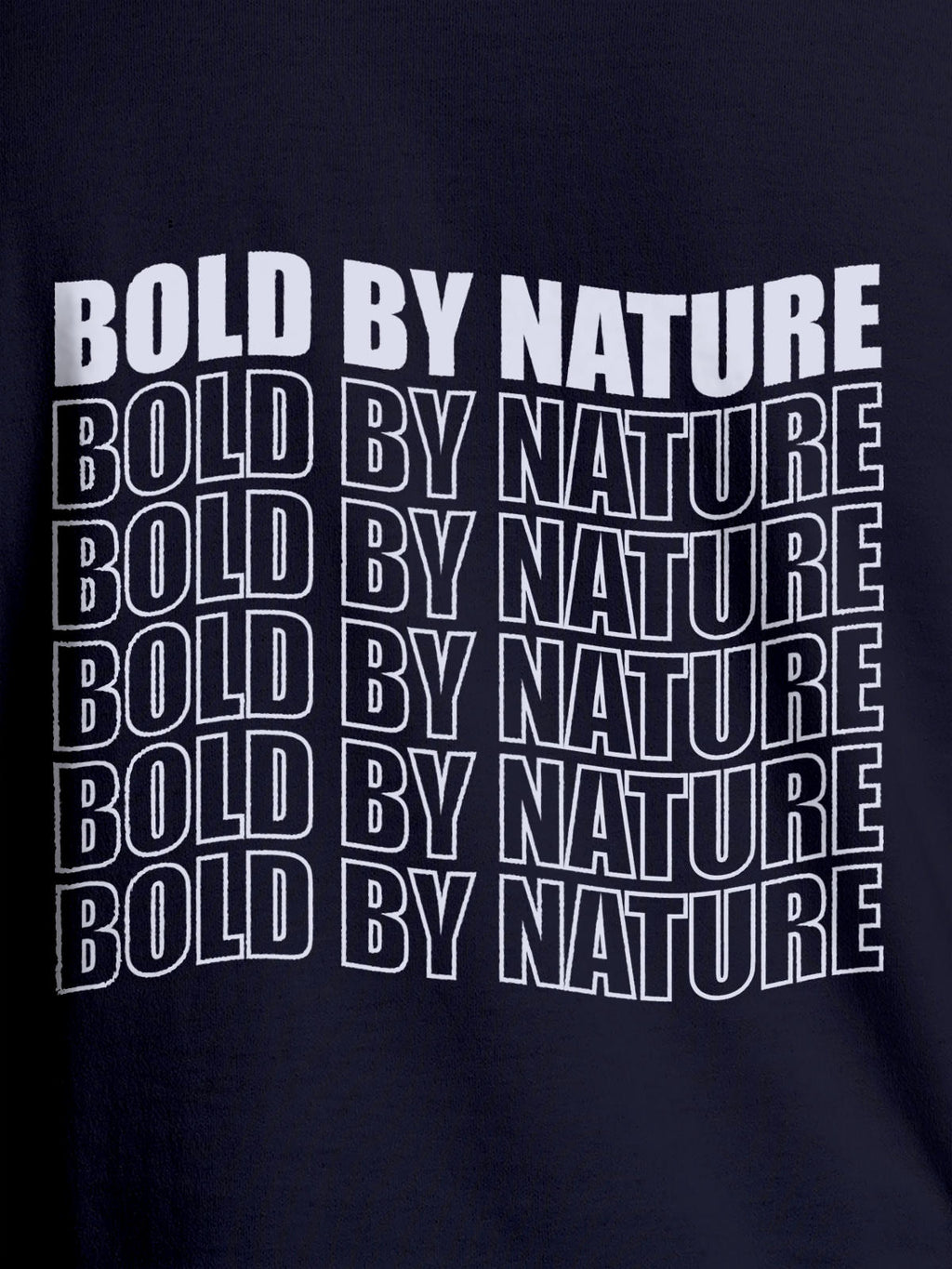 Close up of 'Bold By Nature' design on Men's Navy Blue Round Neck T-shirt, highlighting intricate details and vibrant print.