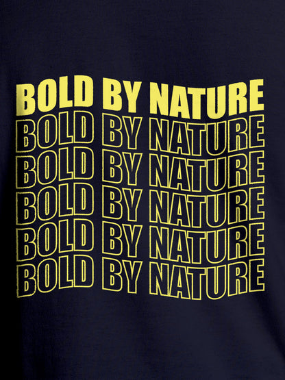 Close up of 'Bold By Nature' design on Men's Navy Blue Round Neck T-shirt, highlighting intricate details and vibrant print.