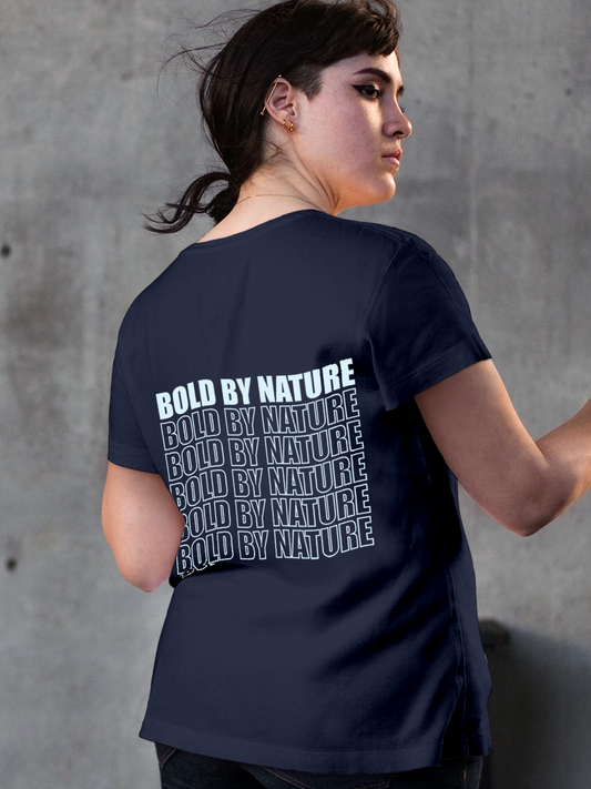 Fighterhero T-shirts: Model wearing Women's Navy Blue Round Neck T-shirt with 'Bold By Nature' design