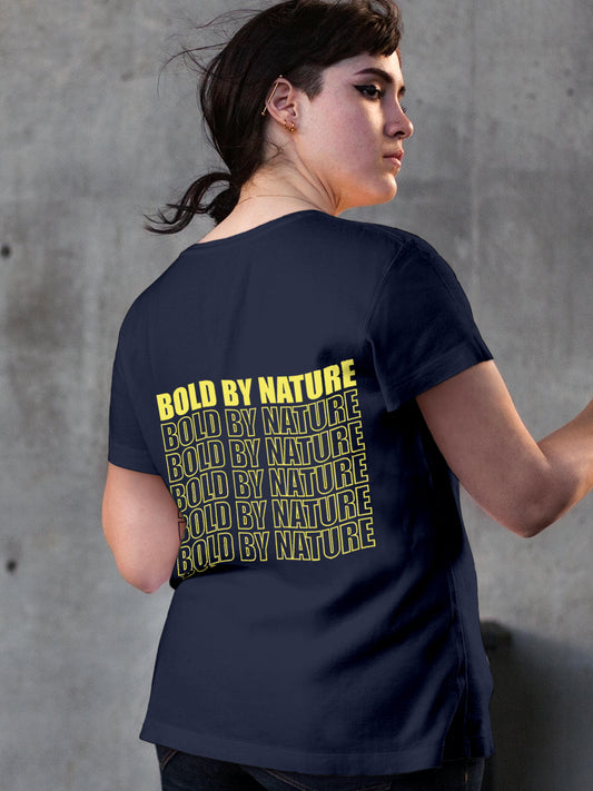 Model wearing Women's Navy Blue Round Neck T-shirt with 'Bold By Nature' design, offering effortless style and premium comfort