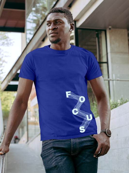 Fighterhero T-shirts: Model wearing Men's Blue Round Neck T-shirt with 'Focus' design