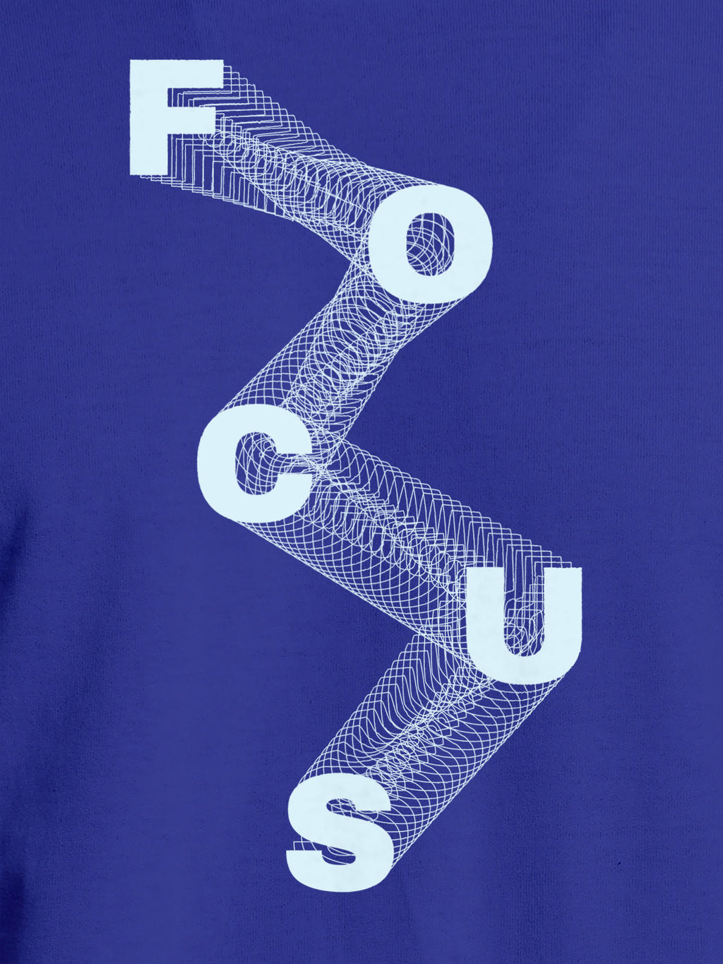 Close up of 'Focus' design on Men's Blue Round Neck T-shirt, highlighting intricate details and vibrant print.