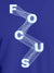 Close up of 'Focus' design on Men's Blue Round Neck T-shirt, highlighting intricate details and vibrant print.