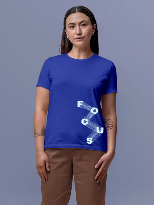 Fighterhero T-shirts: Model wearing Women's Blue Round Neck T-shirt with 'Focus' design