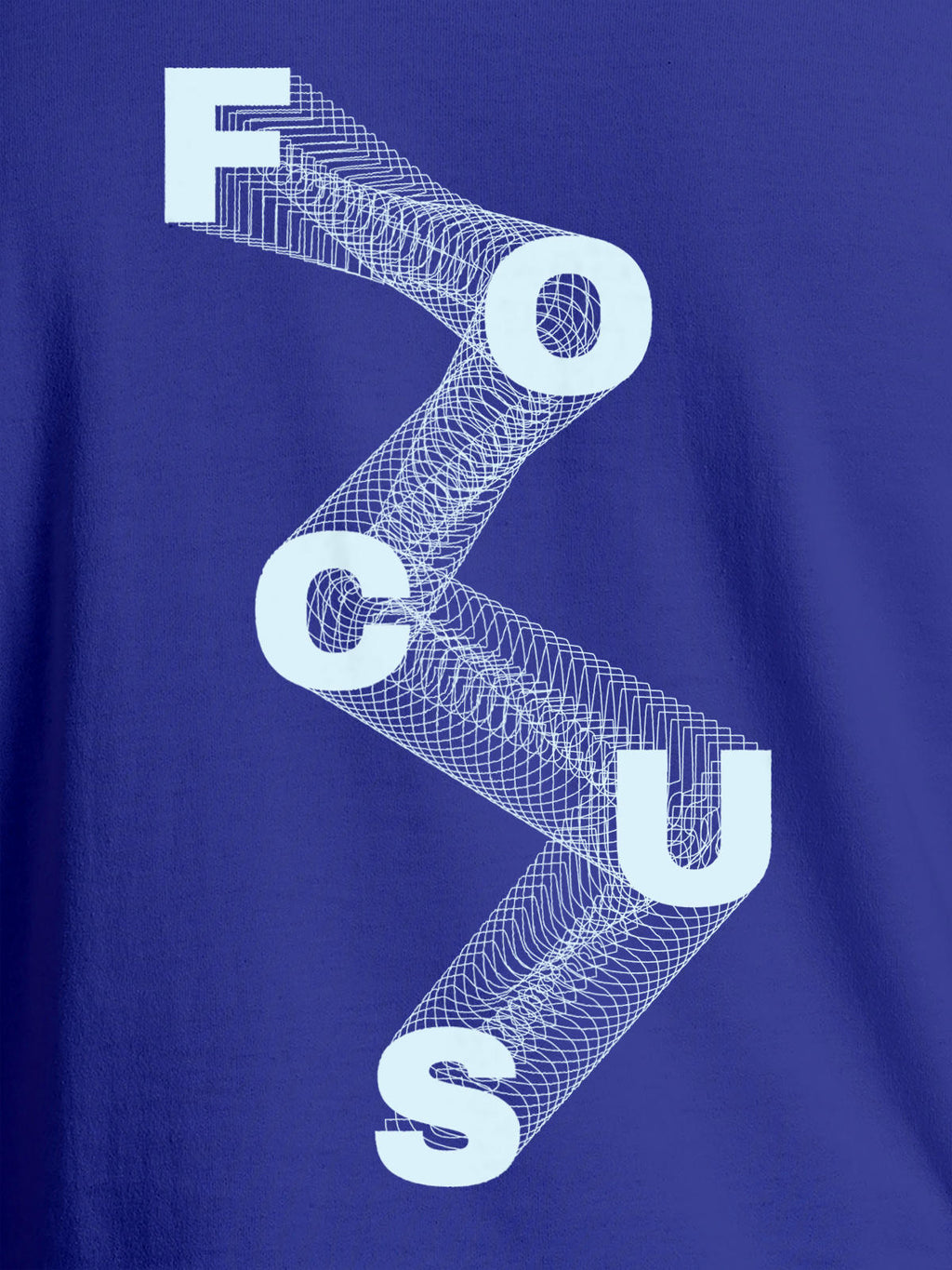 Close up of 'Focus' design on Women's Blue Round Neck T-shirt, highlighting intricate details and vibrant print.