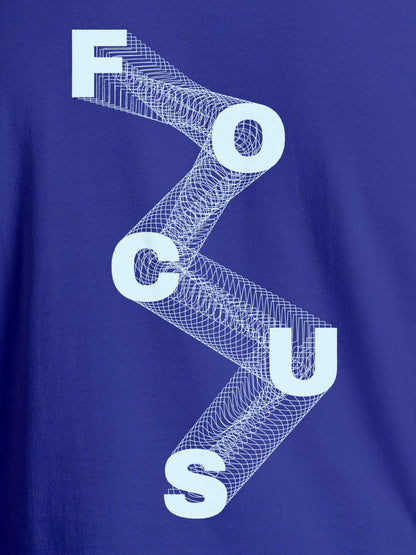 Close up of 'Focus' design on Women's Blue Round Neck T-shirt, highlighting intricate details and vibrant print.