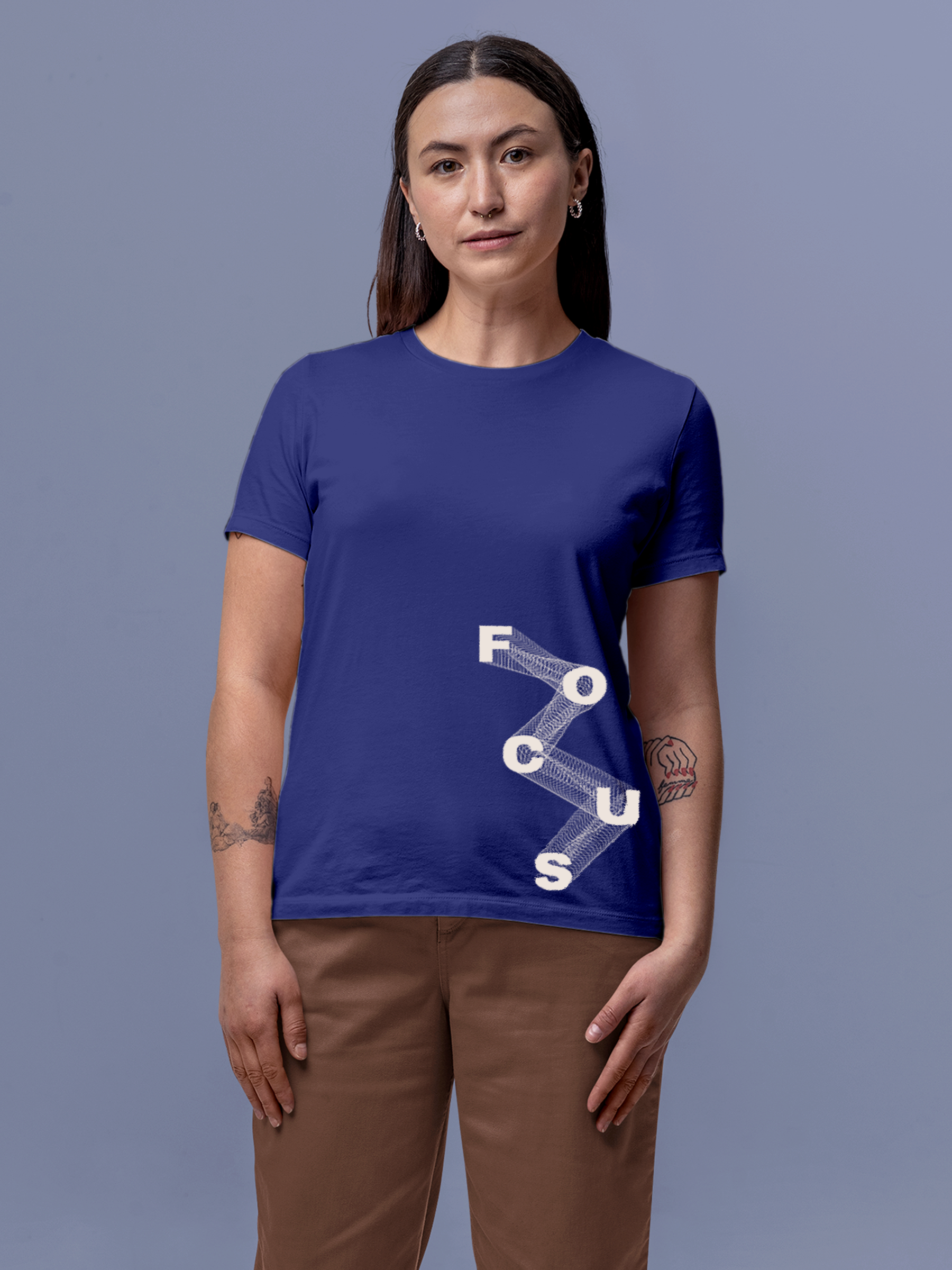Model wearing Women's Blue Round Neck T-shirt with 'Focus' design, offering effortless style and premium comfort