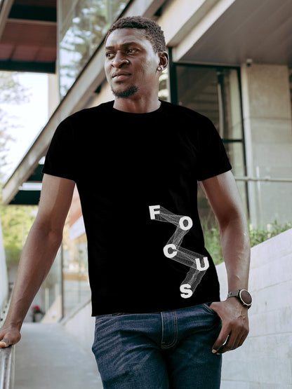 Model wearing Men's Black Round Neck T-shirt with 'Focus' design, offering effortless style and premium comfort