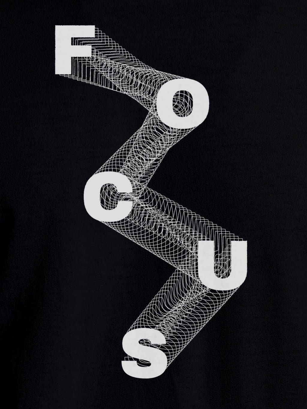 Close up of 'Focus' design on Men's Black Round Neck T-shirt, highlighting intricate details and vibrant print.