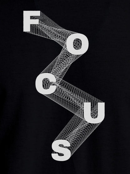 Close up of 'Focus' design on Men's Black Round Neck T-shirt, highlighting intricate details and vibrant print.