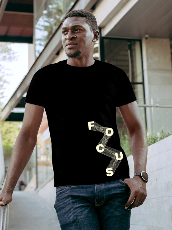 Fighterhero T-shirts: Model wearing Men's Black Round Neck T-shirt with 'Focus' design