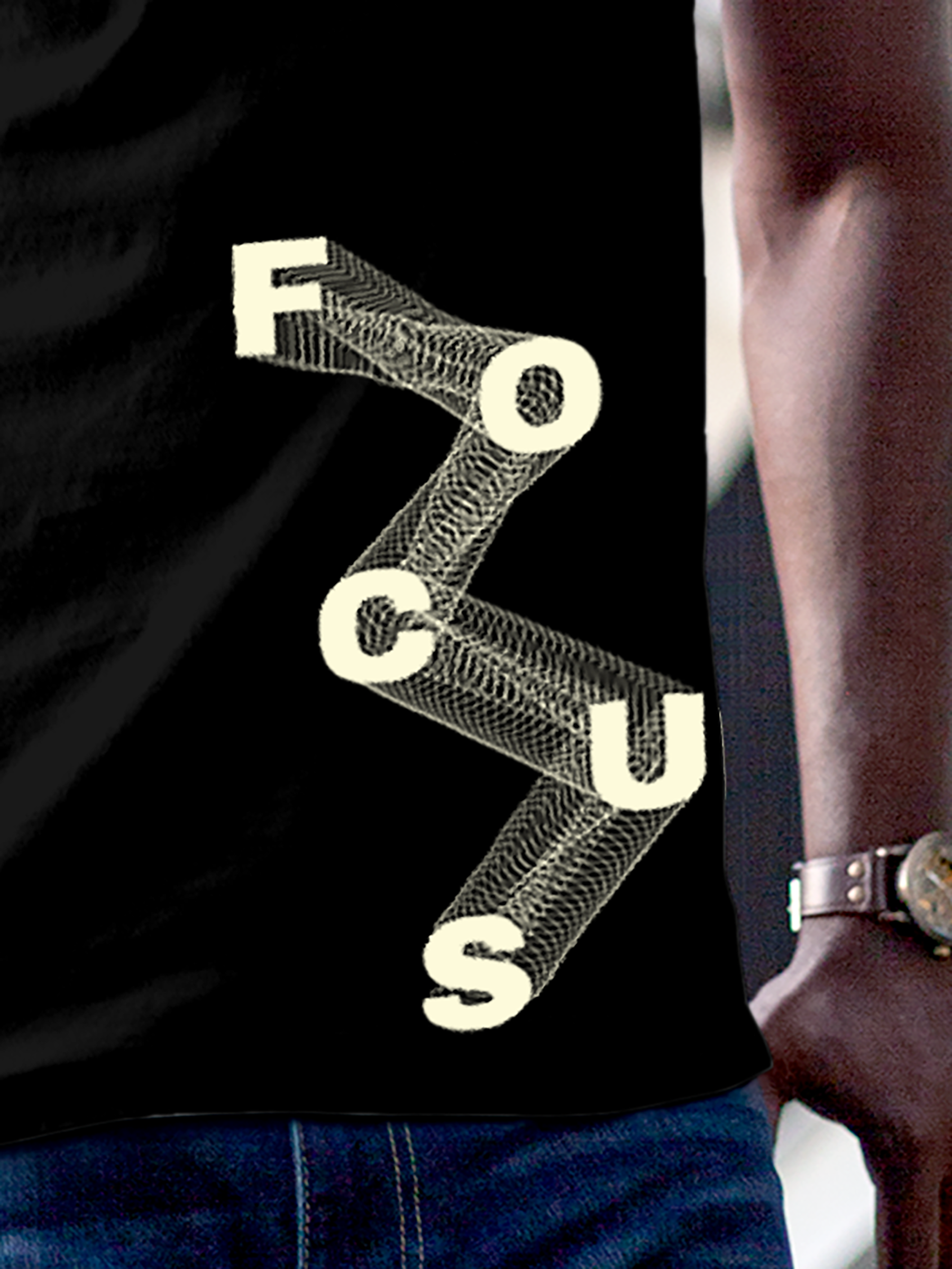 Close up of 'Focus' design on Men's Black Round Neck T-shirt, highlighting intricate details and vibrant print.