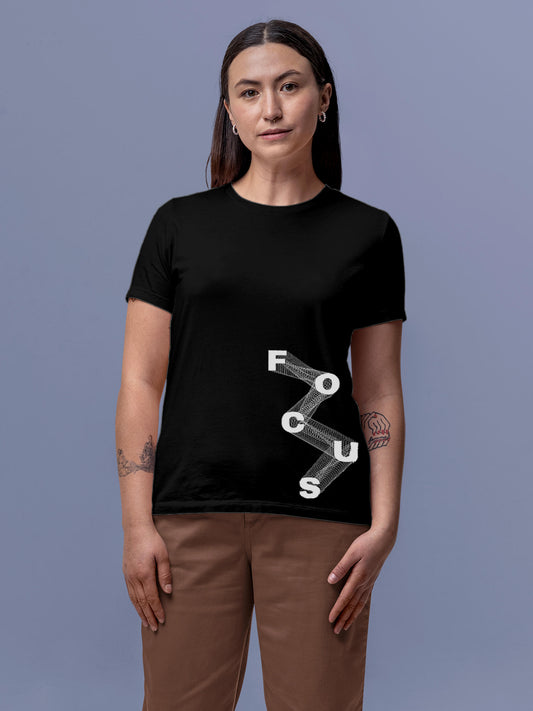 Model wearing Women's Black Round Neck T-shirt with 'Focus' design, offering effortless style and premium comfort