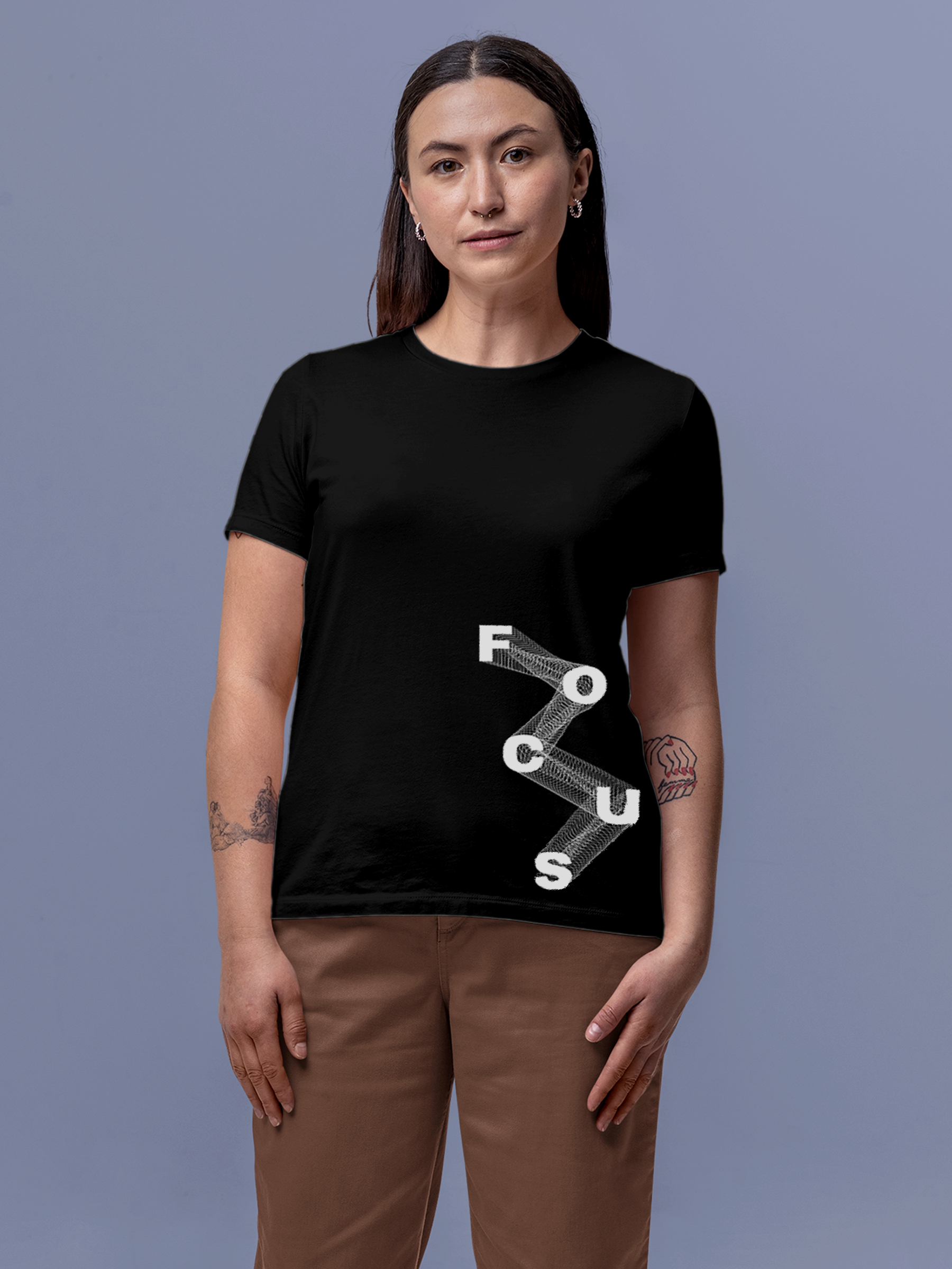 Model wearing Women's Black Round Neck T-shirt with 'Focus' design, offering effortless style and premium comfort