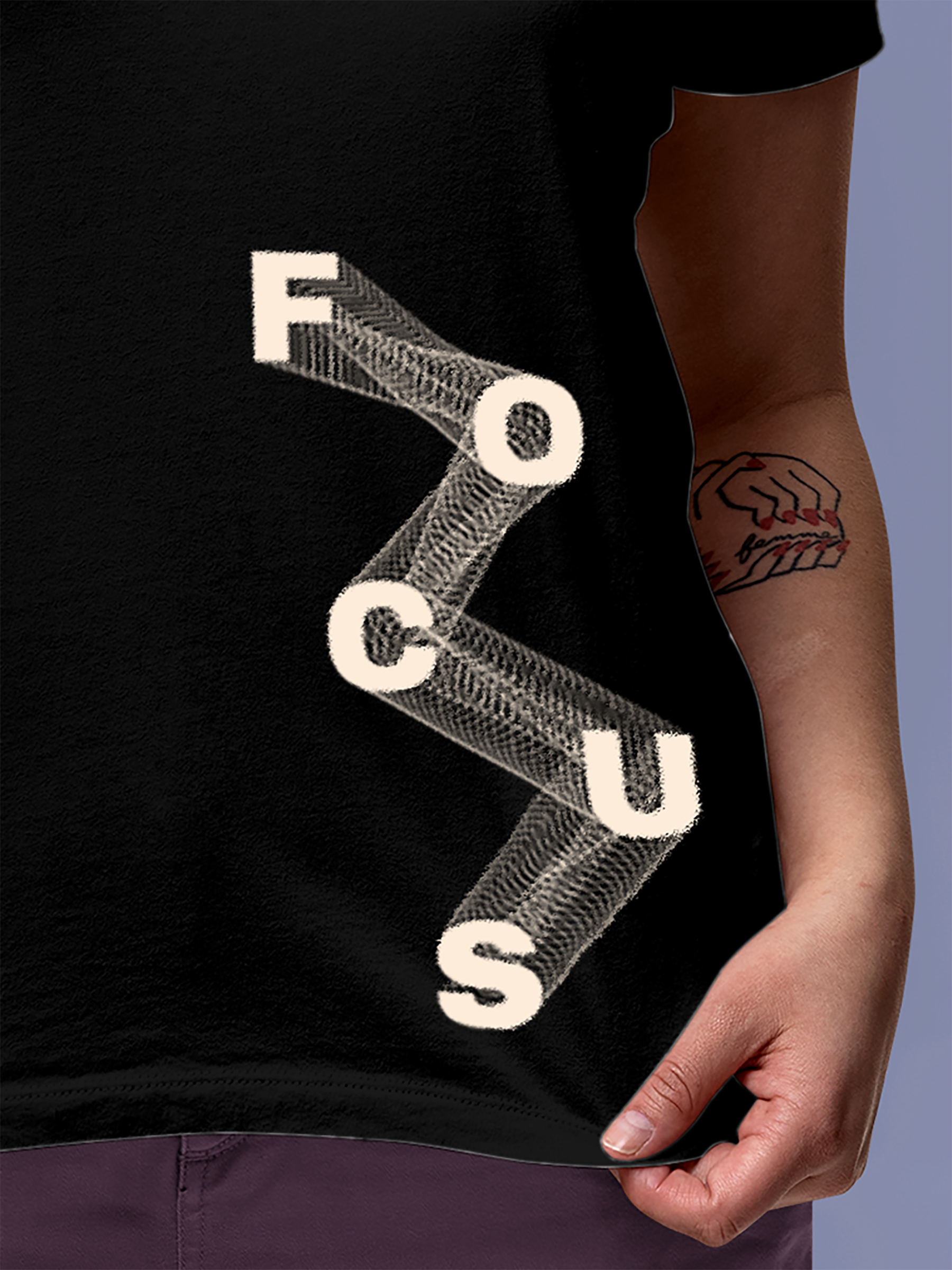Close up of 'Focus' design on Women's Black Round Neck T-shirt, highlighting intricate details and vibrant print.