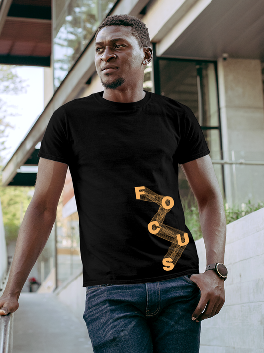 Fighterhero T-shirts: Model wearing Men's Charcoal Grey Round Neck T-shirt with 'Focus' design