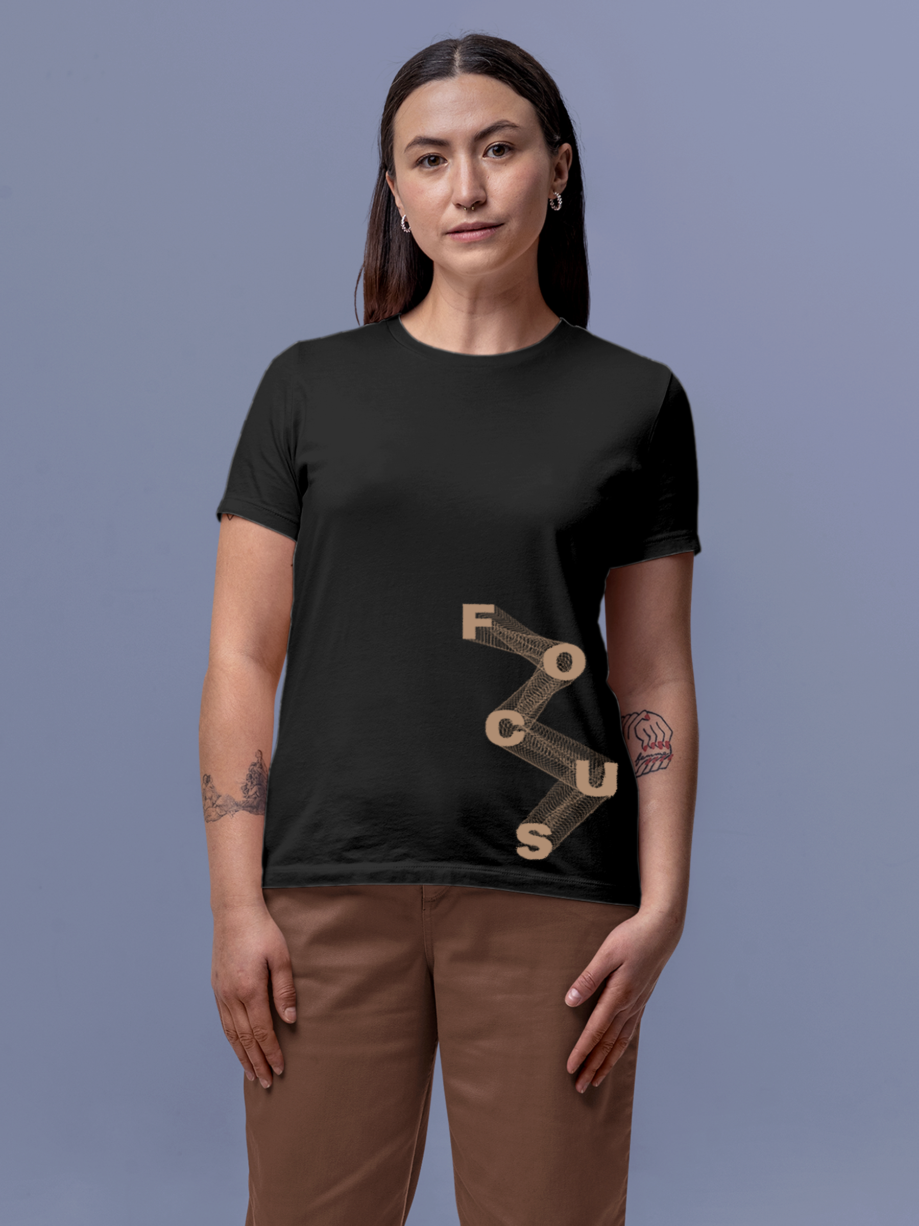 Model wearing Women's Charcoal Grey Round Neck T-shirt with 'Focus' design, offering effortless style and premium comfort