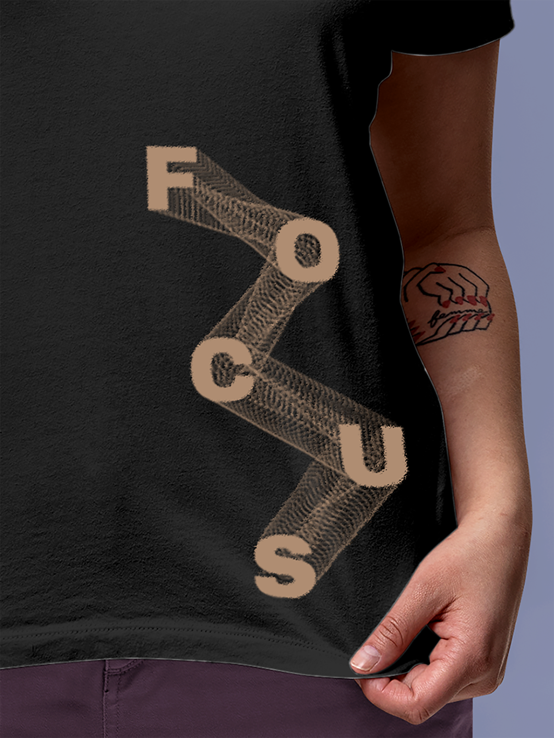 Close up of 'Focus' design on Women's Charcoal Grey Round Neck T-shirt, highlighting intricate details and vibrant print.