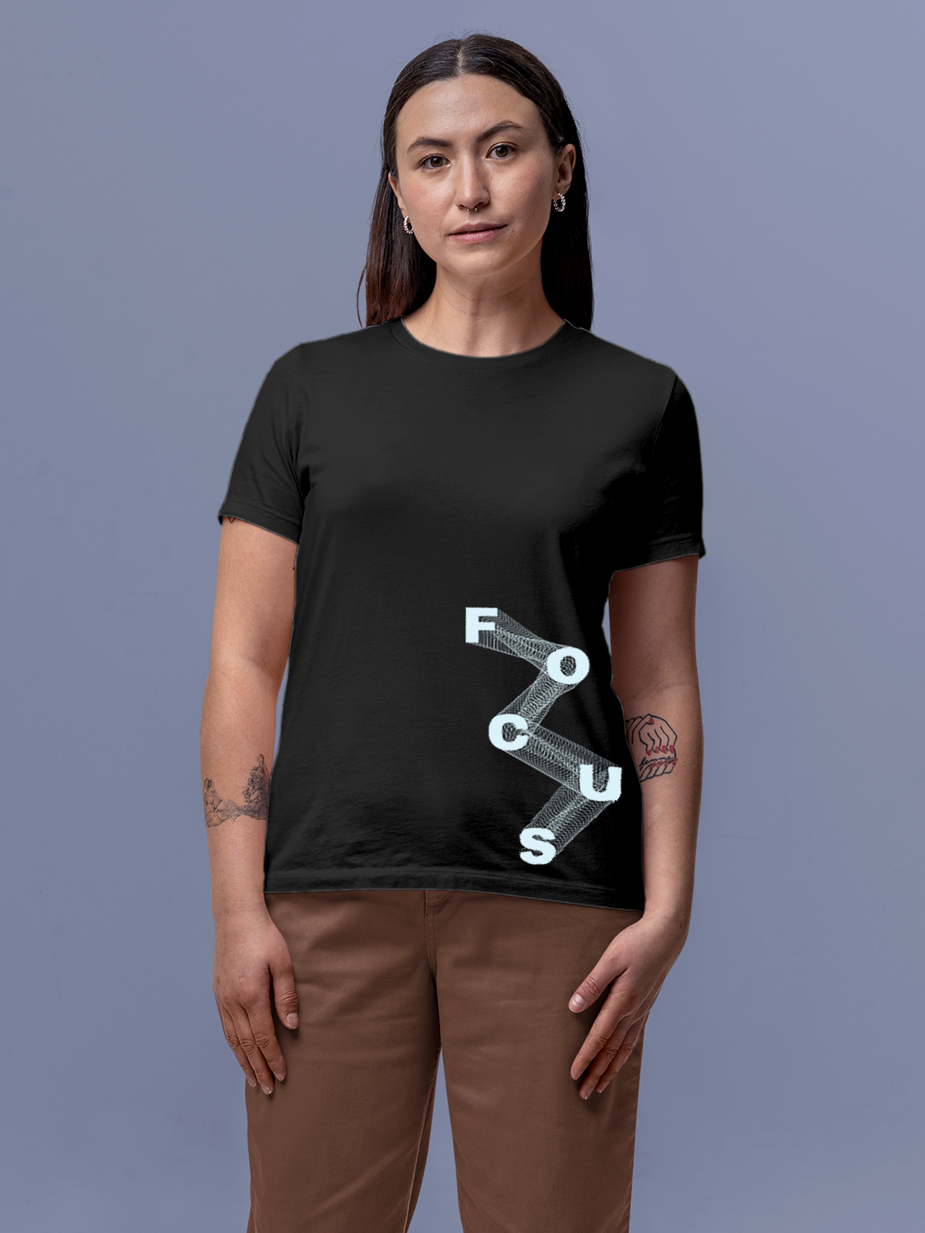 Model wearing Women's Charcoal Grey Round Neck T-shirt with 'Focus' design, offering effortless style and premium comfort